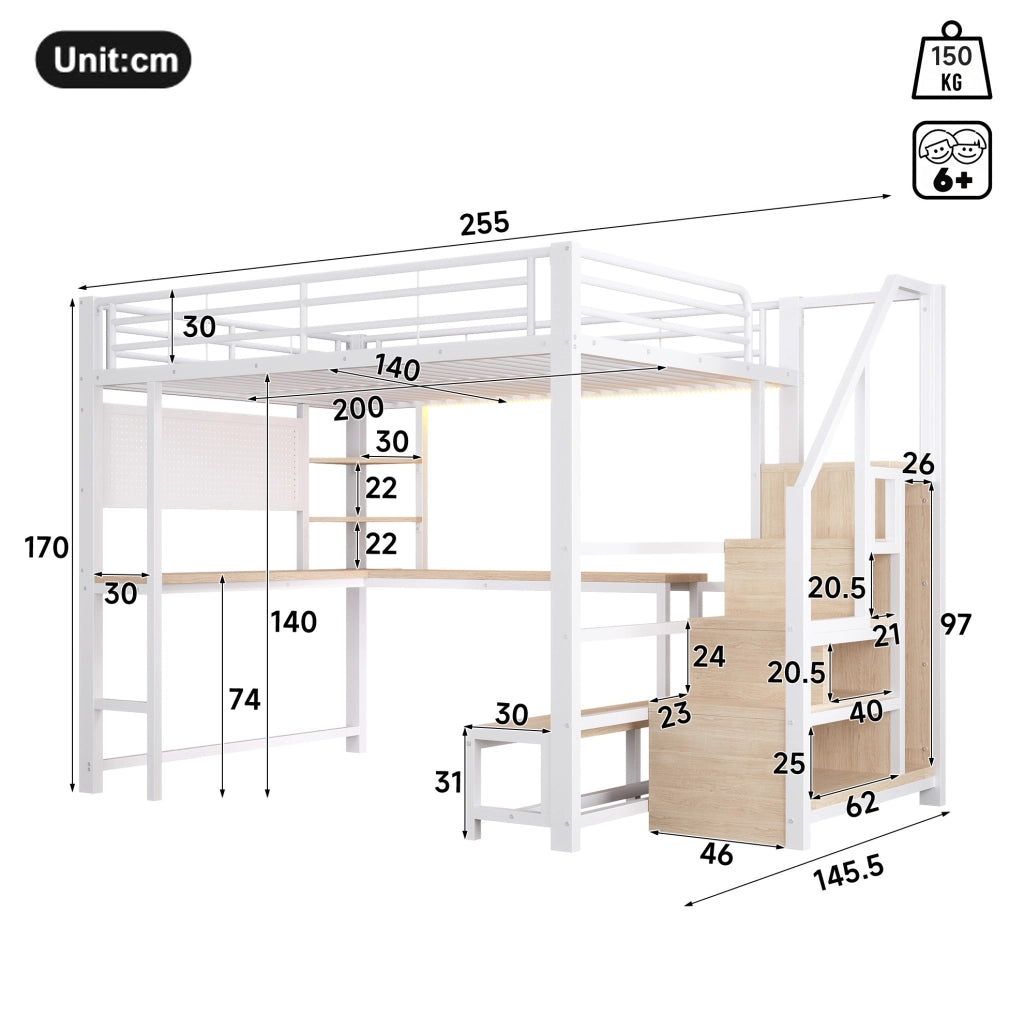 Hochbett 140x200 cm con scrivania; LED; USB e Type-C; parete forata e ripiani; bianco