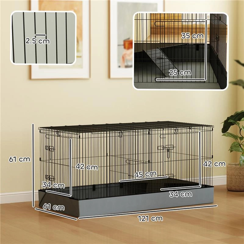 GABBIA PER ANIMALI PICCOLI 2 IN 1 COPERCHIO RIMOVIBILE E SEZIONI SEPARATE 121X61X61 CM NERO
