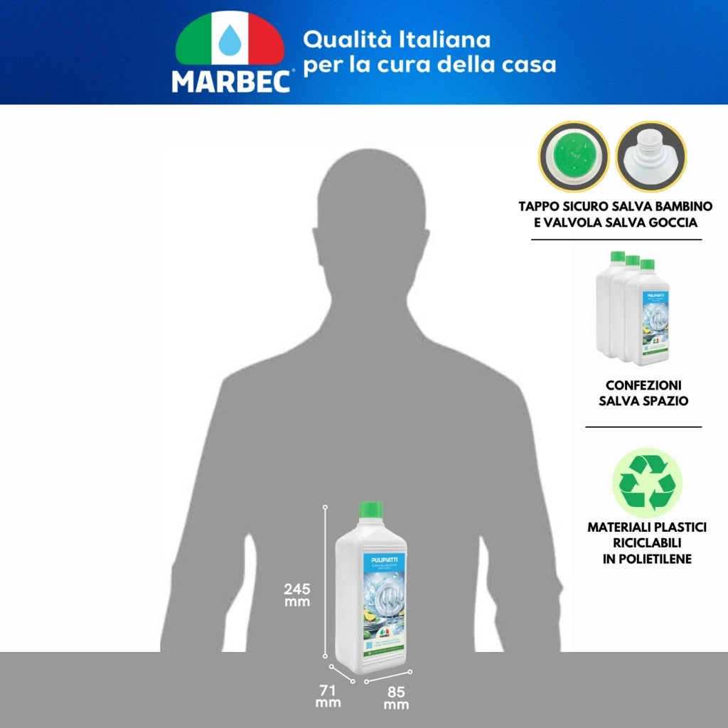 Detergente Piatti Concentrato, Sgrassa a Freddo, Risciacquo Rapido, Profumo Limone Marbec PULIPIATTI - 1LTx6Pz