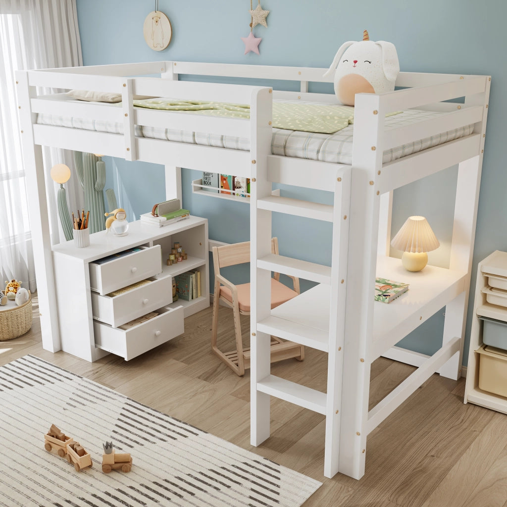 Letto a castello bianco con scrivania cassetti e scaffale in legno di pino e MDF 90x200 cm