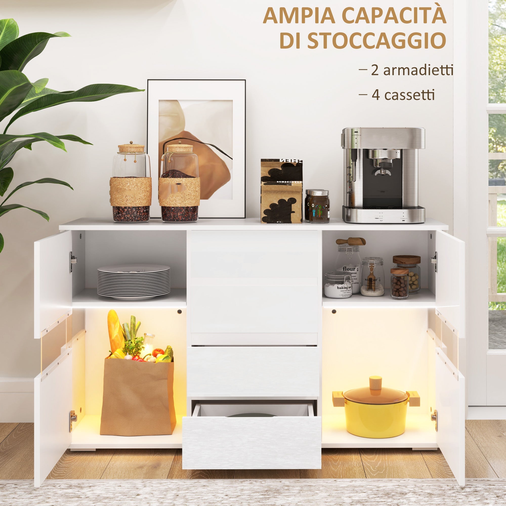 Credenza Mobile Basso Multiuso con LED Regolabile con Telecomando 120x34x70 cm Bianco