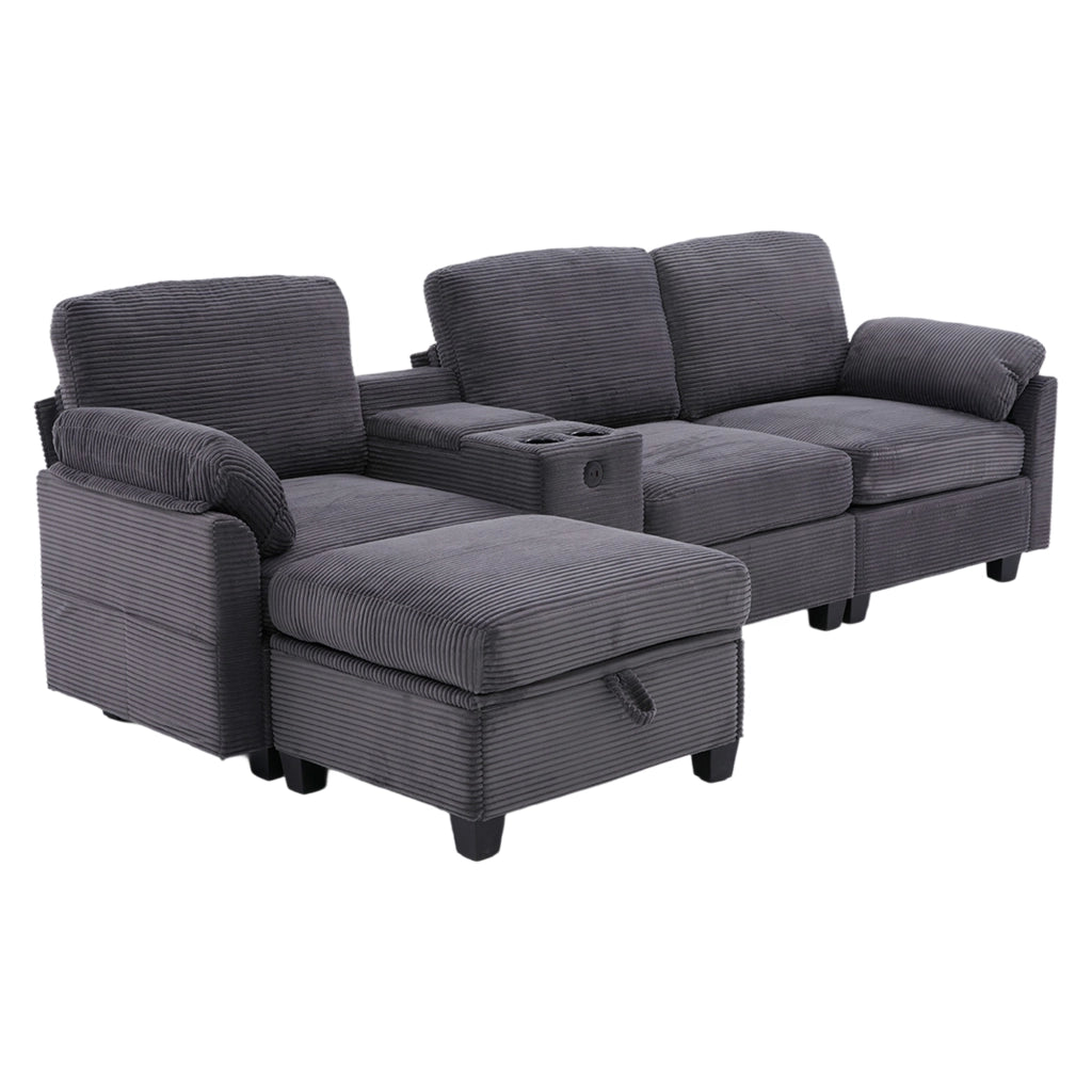 Divano 3 Posti in Tessuto a Coste con Contenitore e Ottoman ¨C MINIMAL ¨C Grigio/Beige
