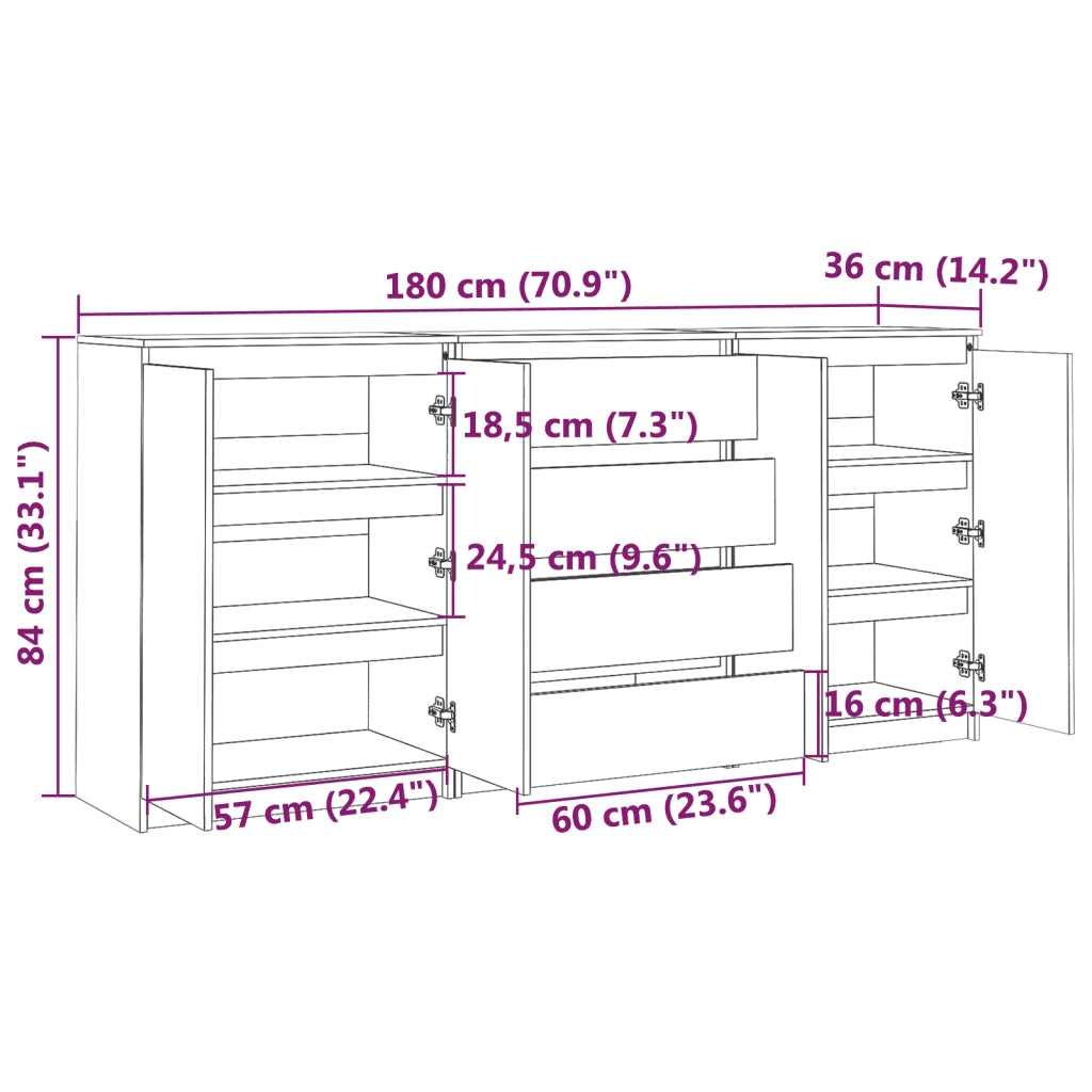 Credenze 3 pz | Madia | Buffet da pranzo | Armadio da pranzo in Legno Massello di Pino