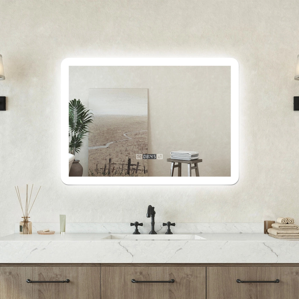Specchio bagno Rettangolare 80x60cm Led Con 3 Luci + Orologio + Antiappannamento