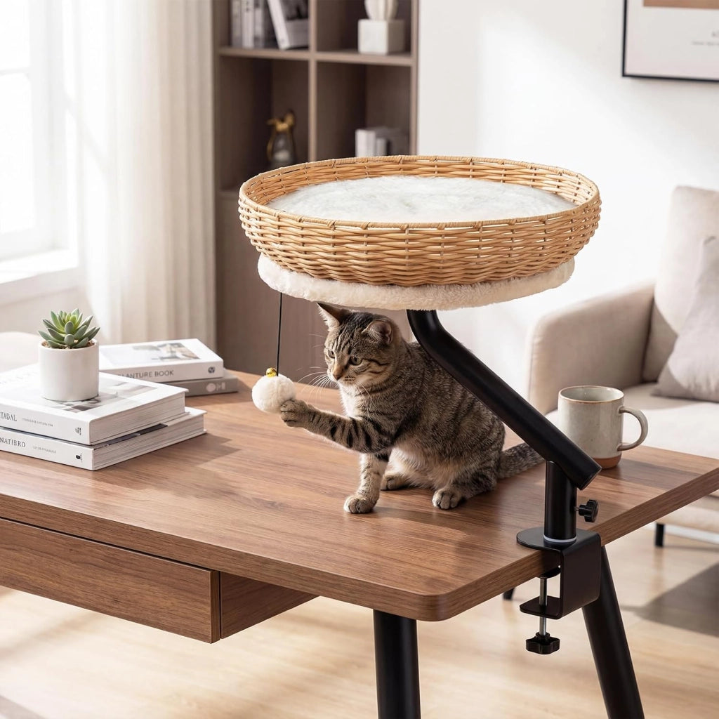 Letto per Gatti da Scrivania Girevole 360°, Cuccia per Gatti in Rattan PE con Cuscino in Peluche Rimovibile, Amaca con Morsetto per Spessore 1,5-4,5 cm, Cuccia Salvaspazio per Ufficio e Casa