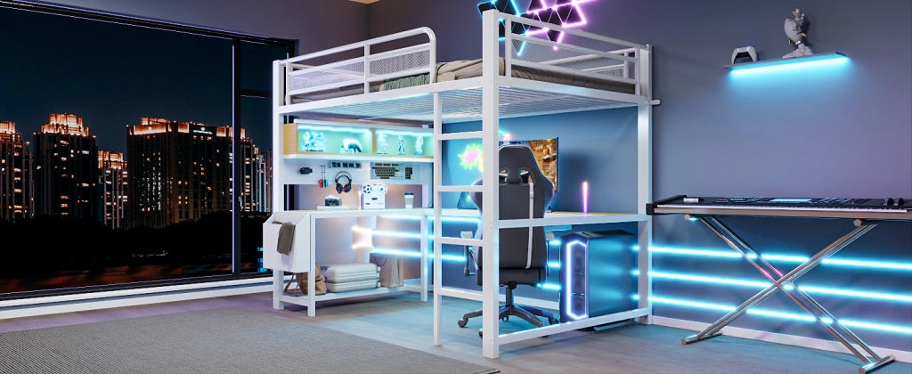 LETTO A soppalco 140x200 cm con scrivania LED USB MDF metallo bianco