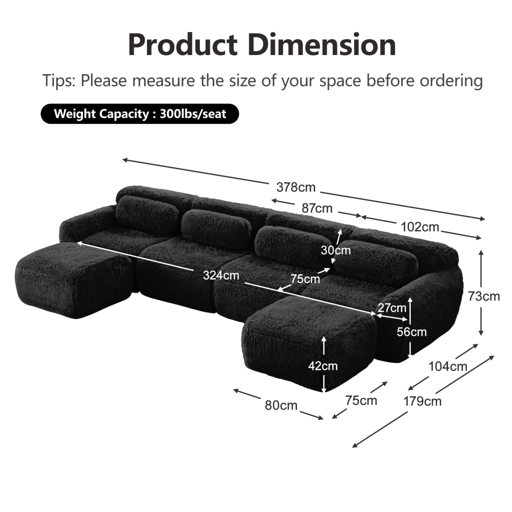 OKWISH Divano Modulare a U, senza Montaggio, Configurazione Libera con Cuscini e Base Antiscivolo, Peluche, Nero