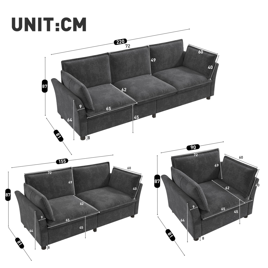 Divano modulare 3 posti con divano 2 posti e poltrona in tessuto chenille per soggiorno e relax moderno grigio