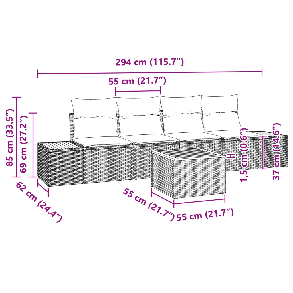 Set di divani da giardino 5 Pezzi con Cuscini Nero Polyrattan Acacia