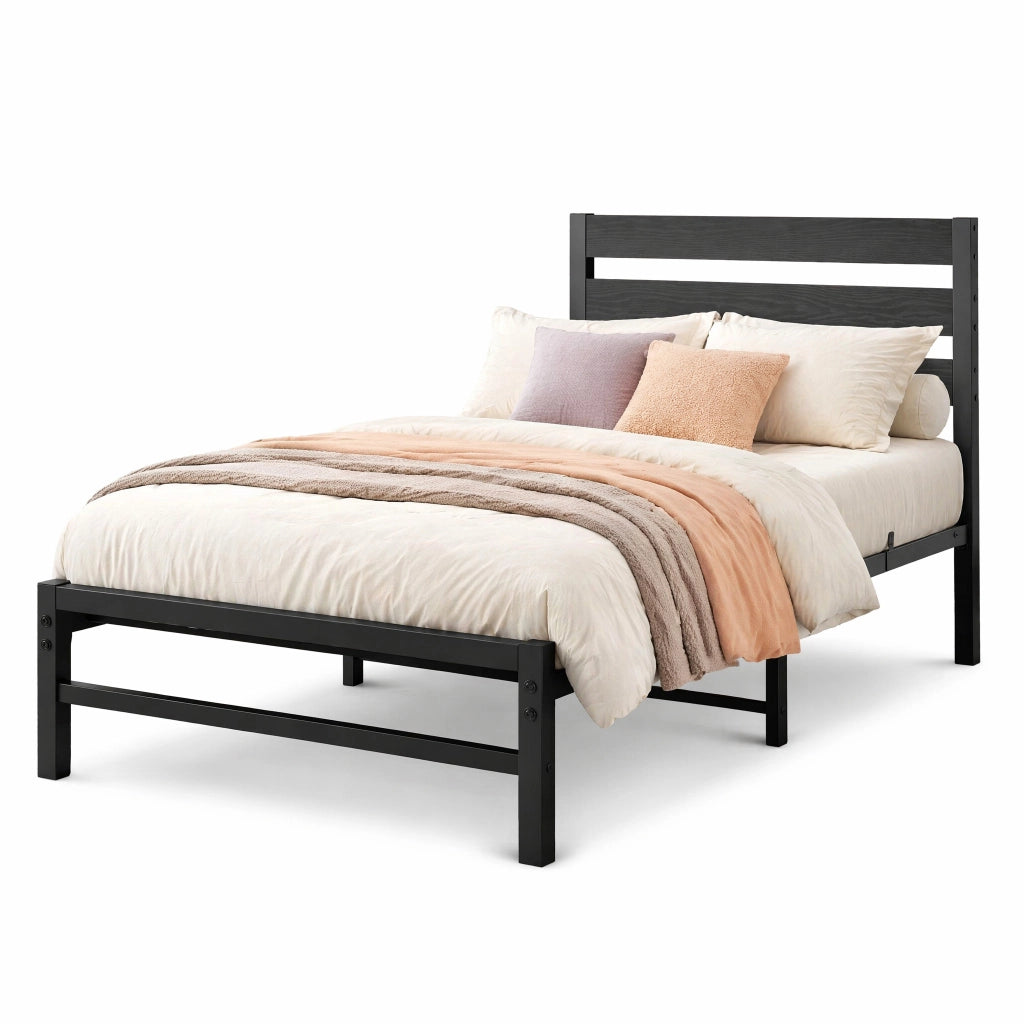 Letto singolo 90x200 cm in metallo e MDF con testiera a pannelli; nero