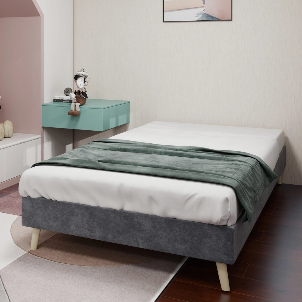 Letto Singolo 90x200 cm; Struttura in Tessuto e Metallo; Grigio; Design Moderno