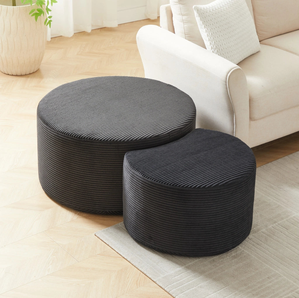 Set di 2 tavolini pouf rotondi in tessuto nero