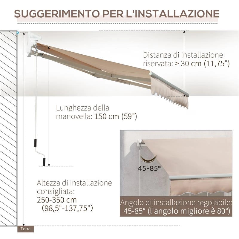 TENDA DA SOLE PER ESTERNO A BRACCI AVVOLGIBILE CON APERTURA A MANOVELLA, 295X200 CM, BEIGE