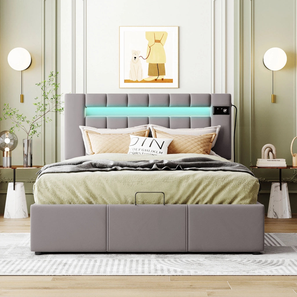 Letto imbottito grigio in velluto con LED; Bluetooth; USB e contenitore idraulico