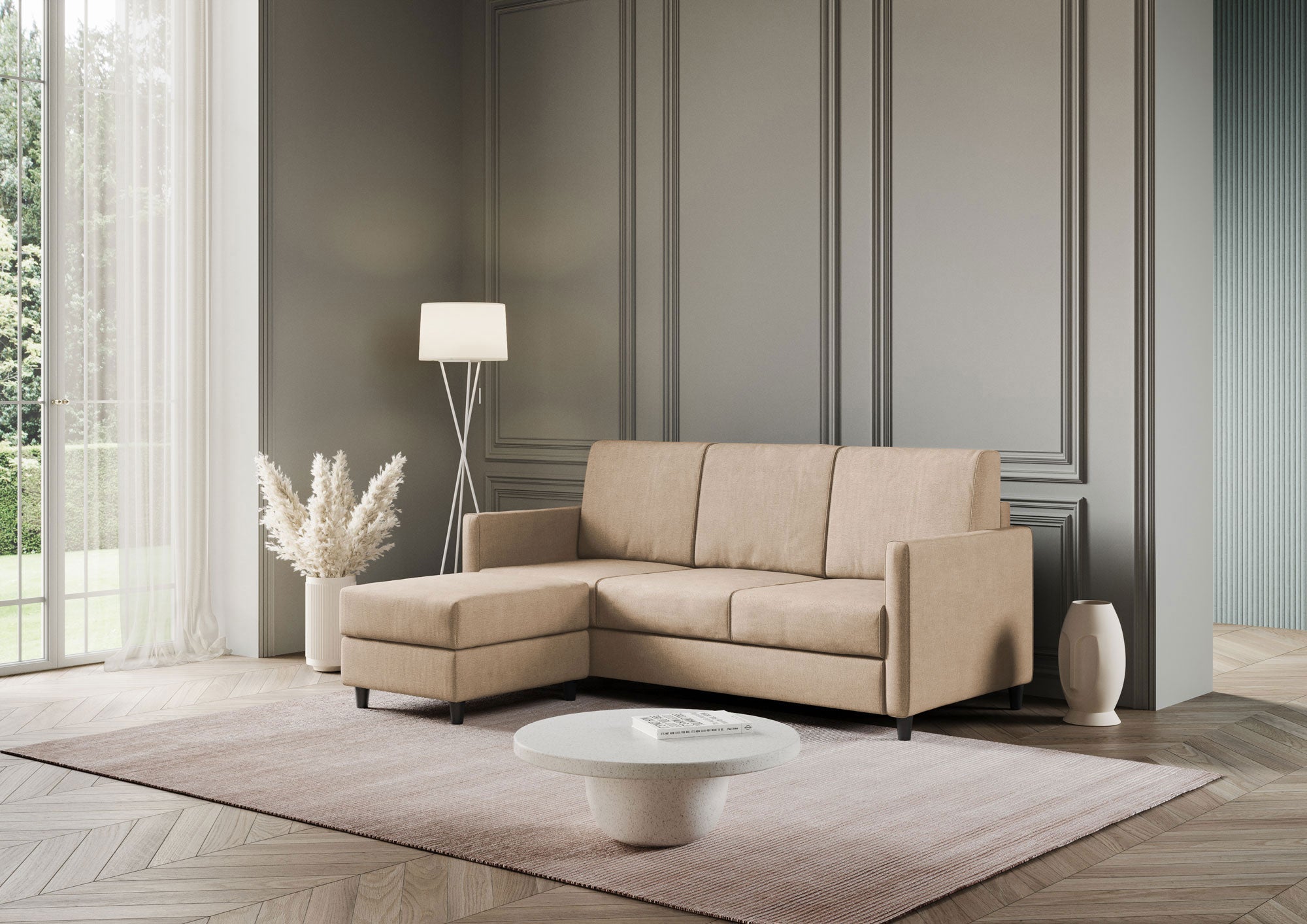 Divano 3 Posti con Pouf 198x155x85 cm Karay in Tessuto Beige