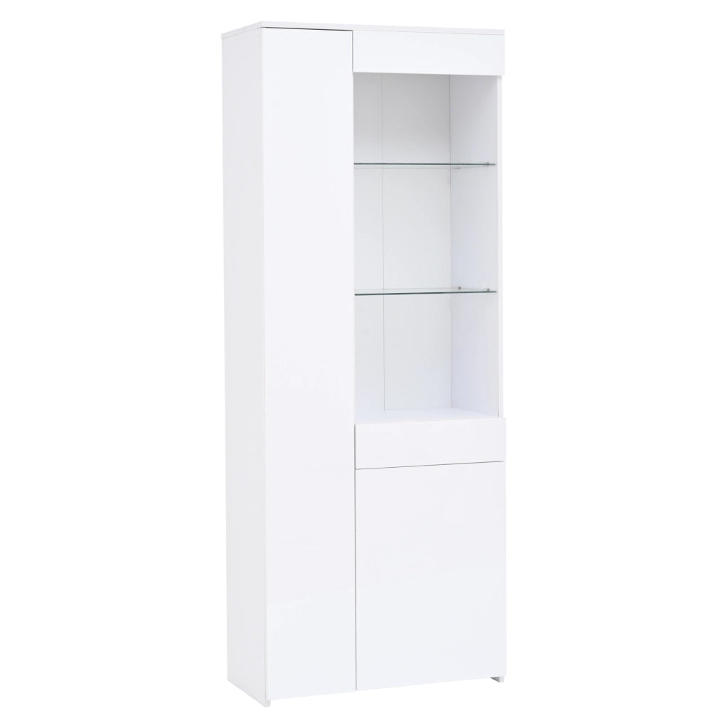 Vetrina con 2 ante, 1 cassetto e vani aperti con LED per soggiorno, in truciolato e vetro, bianco, 70 × 35 × 180 cm