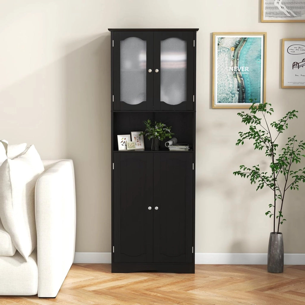 Armadio Alto da Bagno con Ante in Vetro Temperato, Ripiani Regolabili, Kit Anti-Ribaltamento, per Bagno, Soggiorno, Sala da Pranzo e Cucina, 60x30x164 cm (Nero)