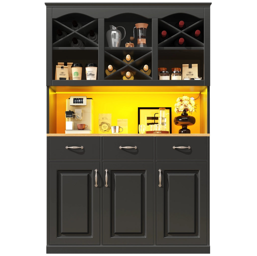 Credenza da cucina nera con LED, 3 ante e 3 cassetti