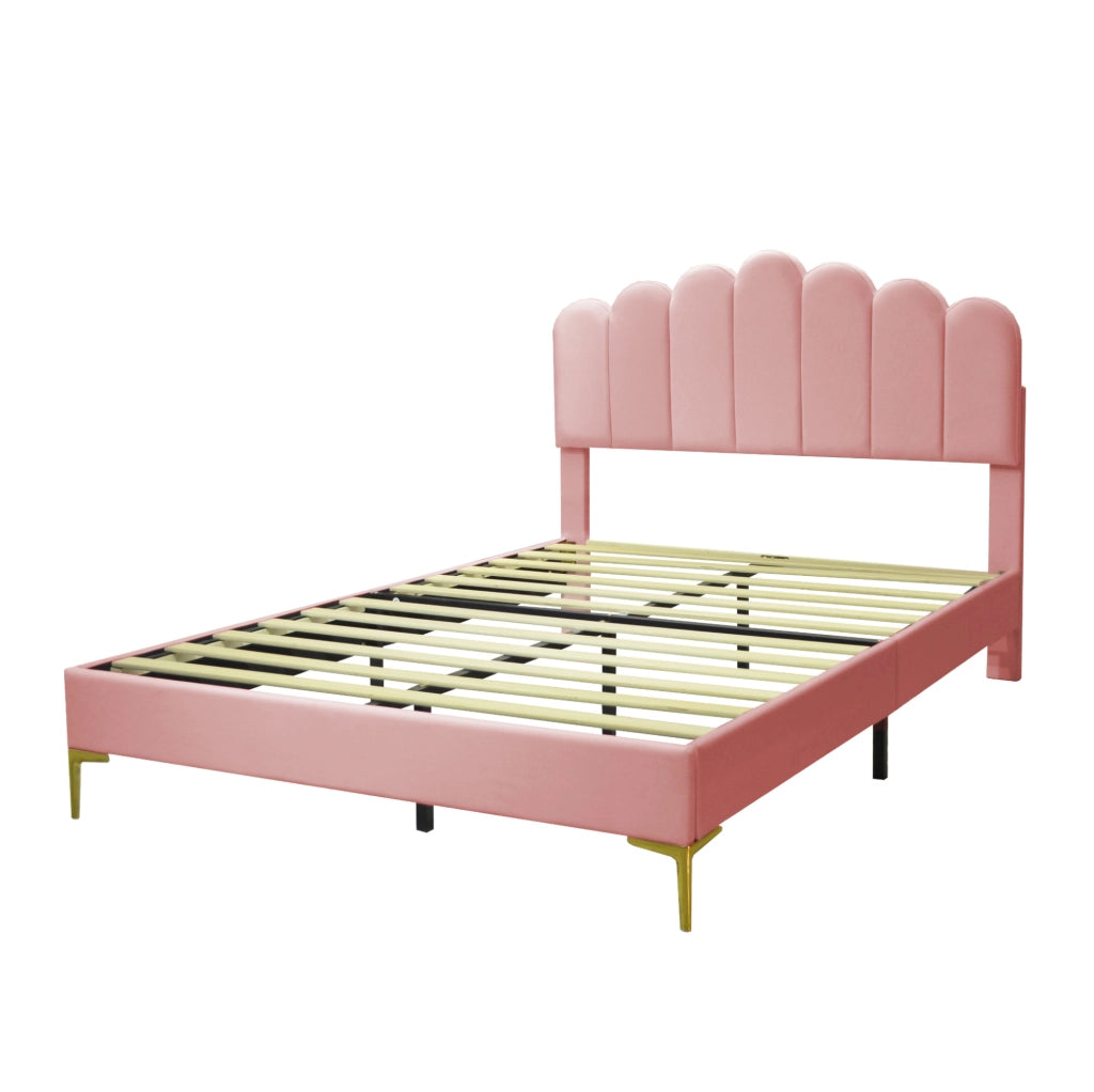 Letto imbottito matrimoniale 140 x 200 cm in velluto rosa; testiera regolabile; 12 doghe