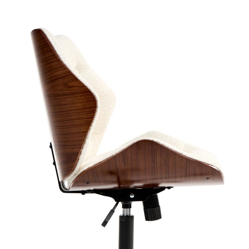 Sedia da ufficio regolabile con funzione girevole Seduta in compensato con rivestimento in tessuto bouclé Marrone scuro e bianco sporco elegante