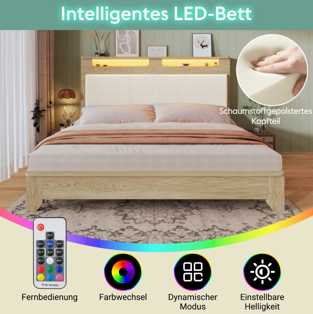 Letto matrimoniale 140x200 cm con LED; testiera con ripiani; panca contenitore; beige e rovere