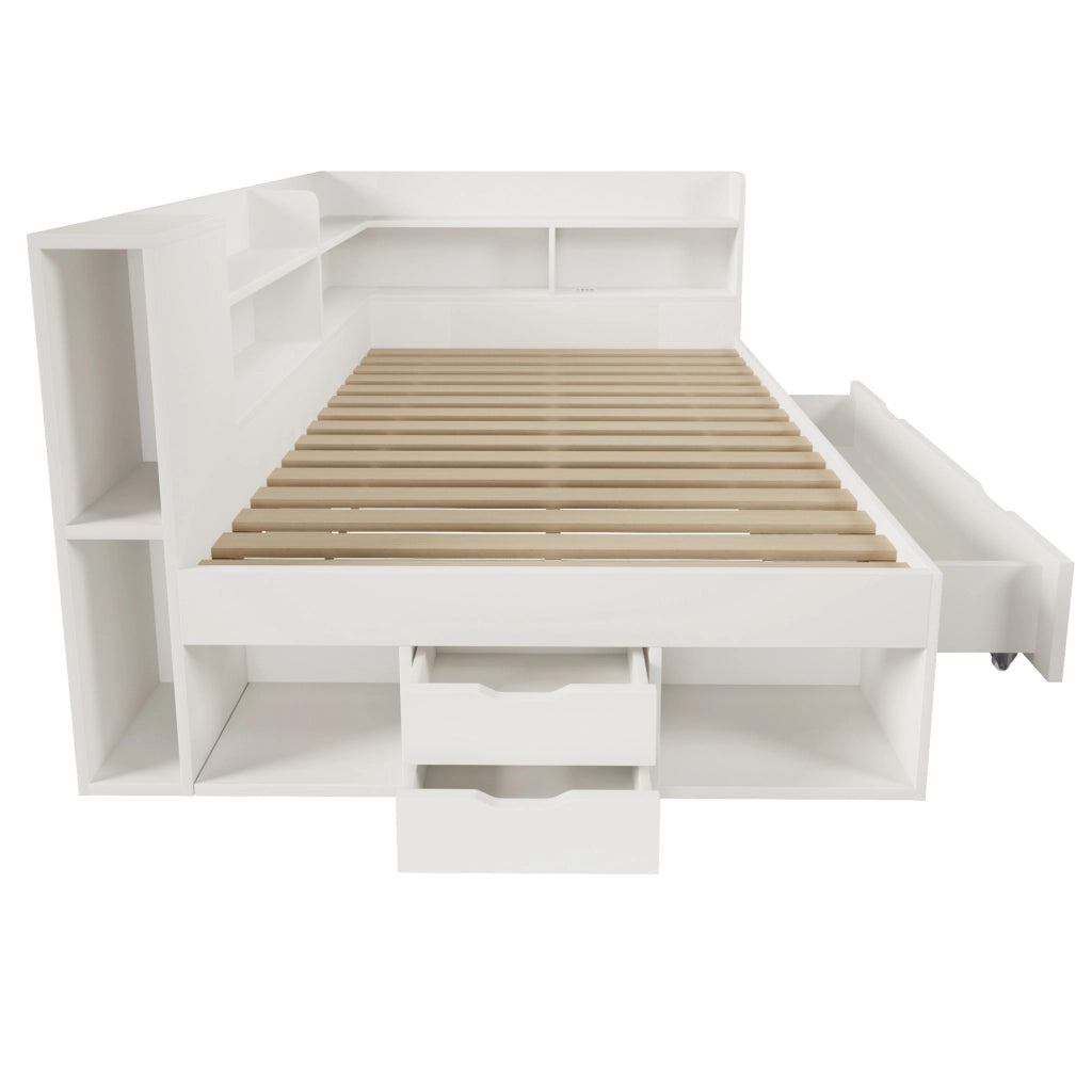 Letto da giorno 140x200 cm bianco con materasso; LED; cassetti; USB e Type-C