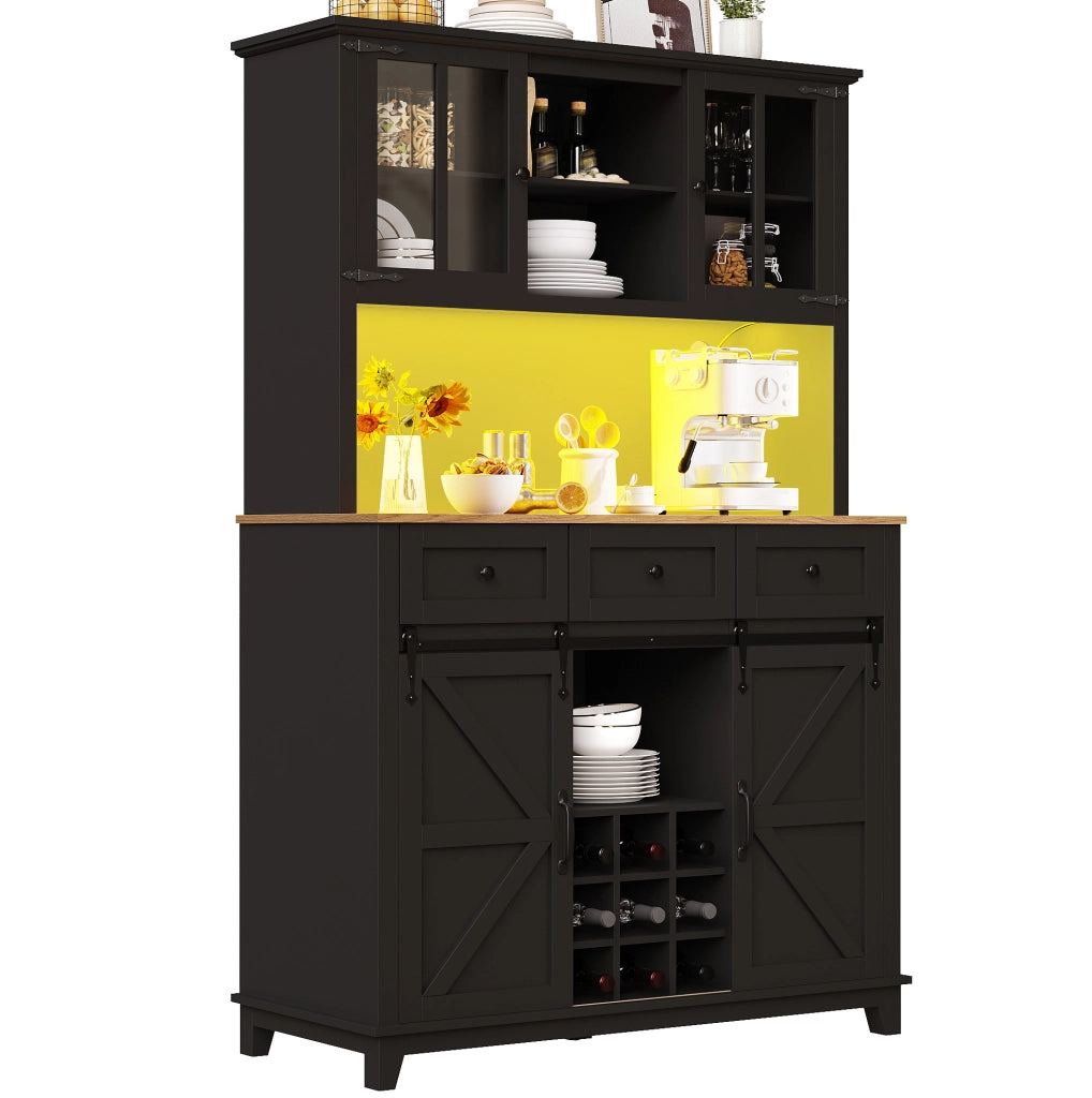 Credenza 105x38.4x180 cm con LED; ante in vetro e ripiani regolabili in MDF e metallo nera