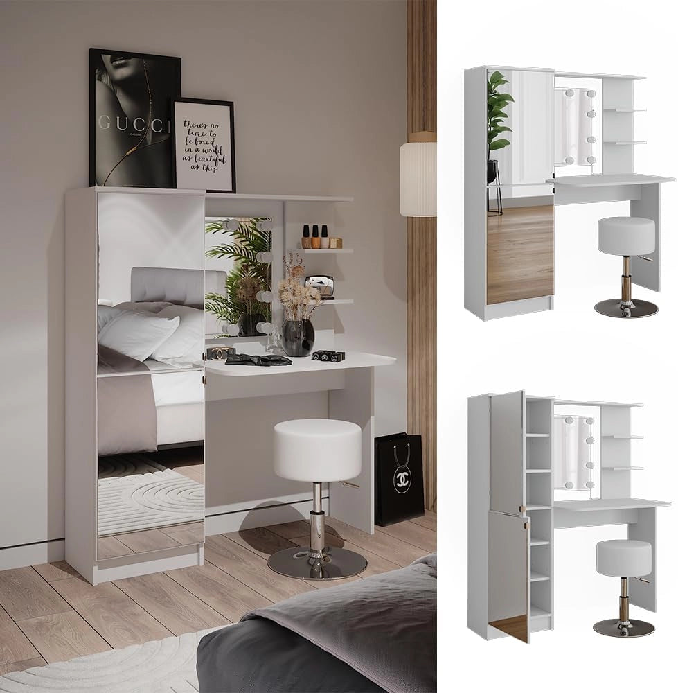 Tavolo da toeletta, Bianco, 123 cm con illuminazione LED e sgabello, Soluzione di conservazione per tutti i prodotti di bellezza
