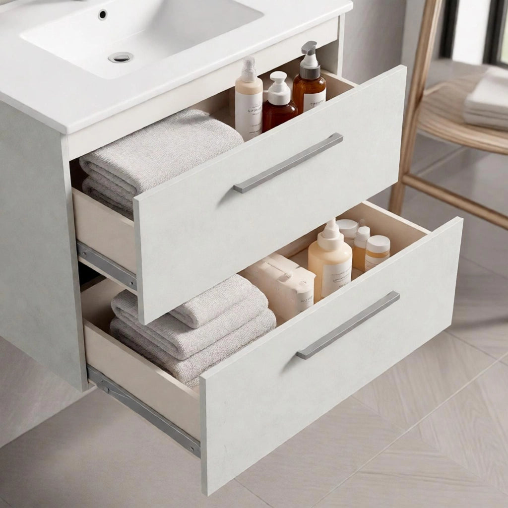 Arredo Bagno Sospeso Mobiletto Due Cassettoni Soft Close Lavandino Lavabo Ceramica Specchio Design Moderno Nordico 57 x 80 x 45 Cm Colore Grigio Cemento