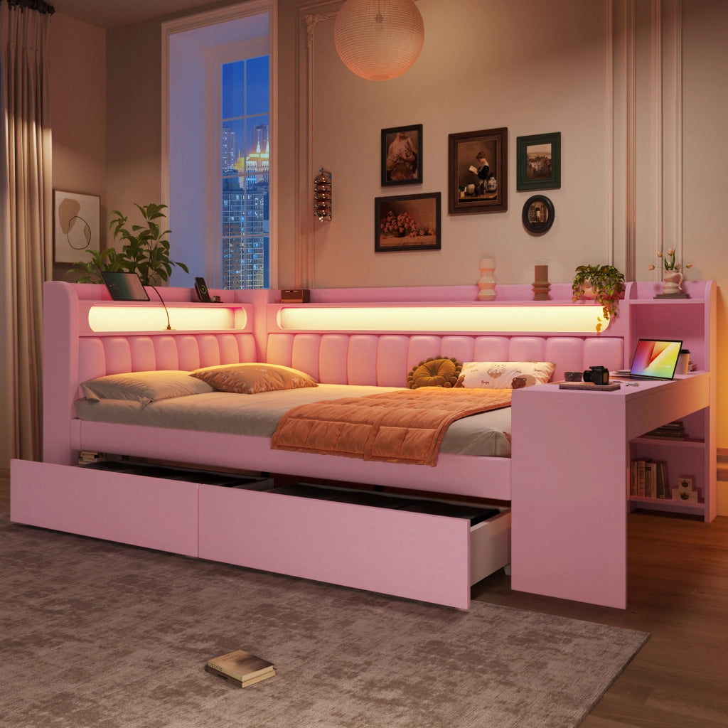 DESMIU Letto Divano 140 × 200 cm 2 posti con USB, LED, scrivania e 2 cassetti senza materasso, in MDF, rosa
