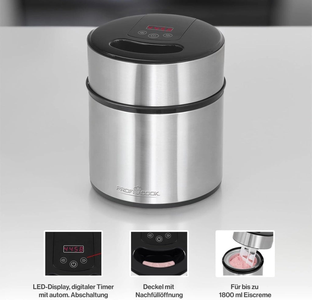 ProfiCook 501140 Gelatiera e Yogurtiera 1 8 L 12 W Timer Digitale Display LED Acciaio Inossidabile colore Nero