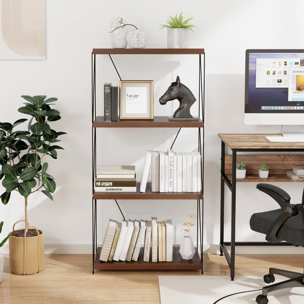Scaffale multiuso a 4 ripiani con struttura in metallo-Libreria autoportante con stile industriale Noce 61x29,5x105cm