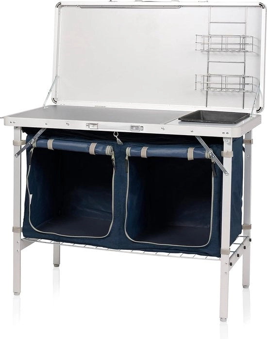 Cucina da Campeggio Salamanca KI-0412 - Opportuna - con Lavandino - 2 Scomparti - 4 Supporti Regolabili - con Tasca di Magazzino - Blu