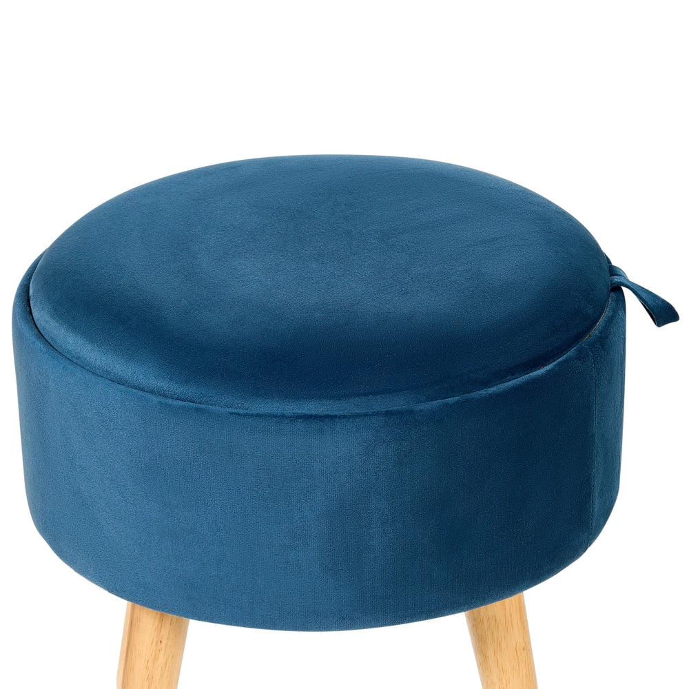 Pouf in velluto imbottito blu con vassoio contenitore stile glamour elegante soggiorno camera da letto