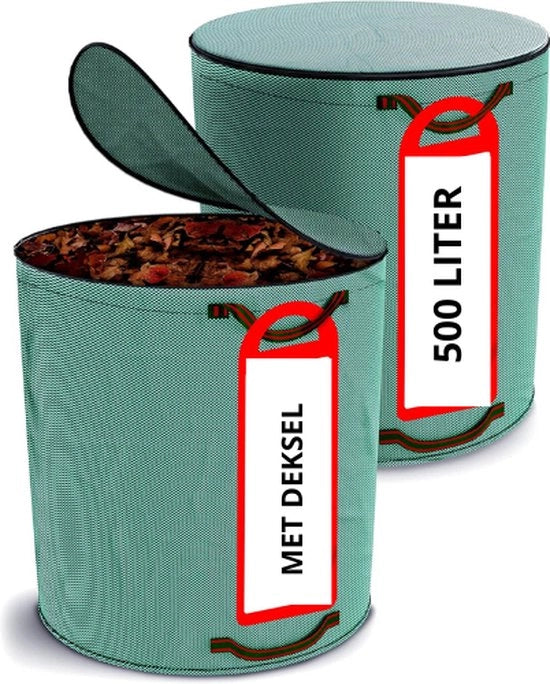 Set di sacchi per rifiuti da giardino da 2 - con chiusura a cerniera 500L - 4 maniglie robuste - pieghevole - riciclabile - sacchi da giardino