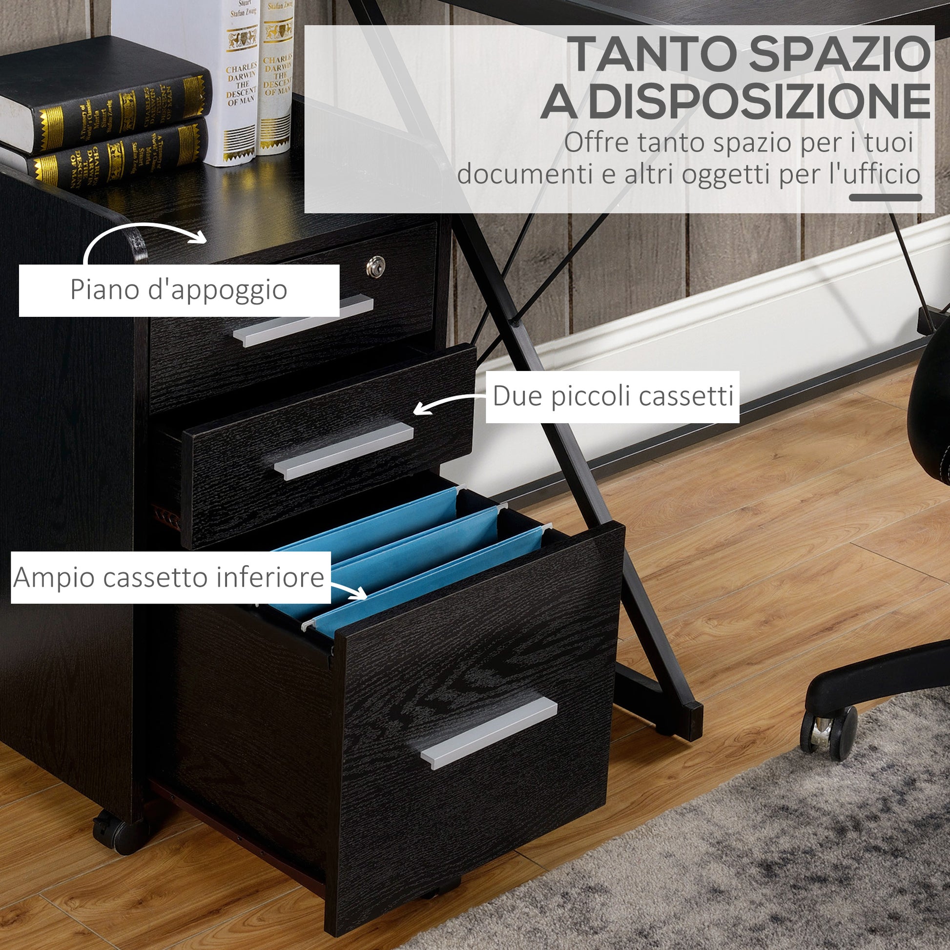 Cassettiera Portadocumenti 39,2x40x65,4 cm Cassetti con Chiavi di Sicurezza e 5 Ruote in MDF Nero