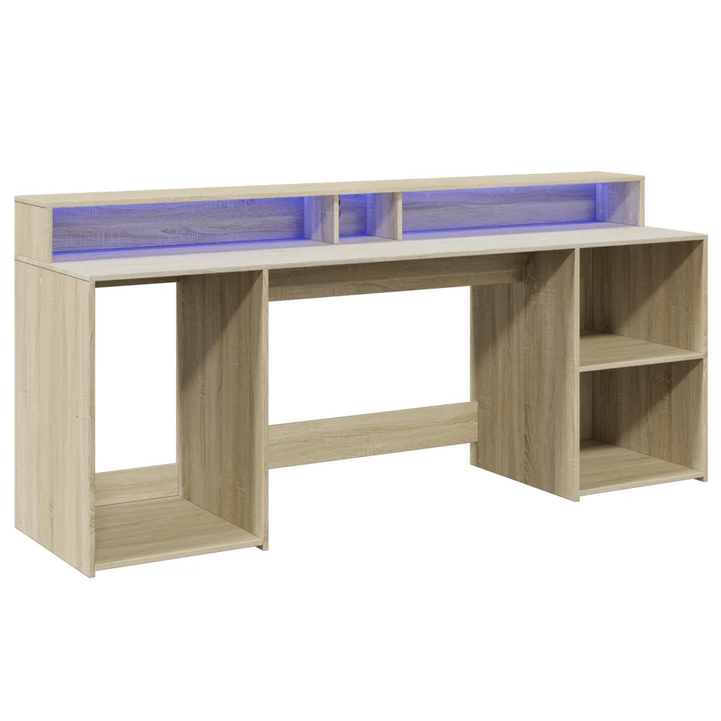 Scrivania con Luci LED Rovere Sonoma 200x55x91cm in Truciolato