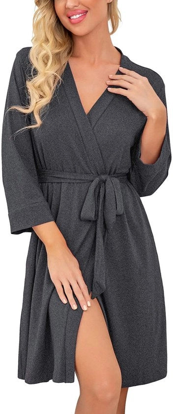 Vestone da camera con collo V per donna con maniche 3/4 e camicia da notte a maglia (grigio scuro, M)