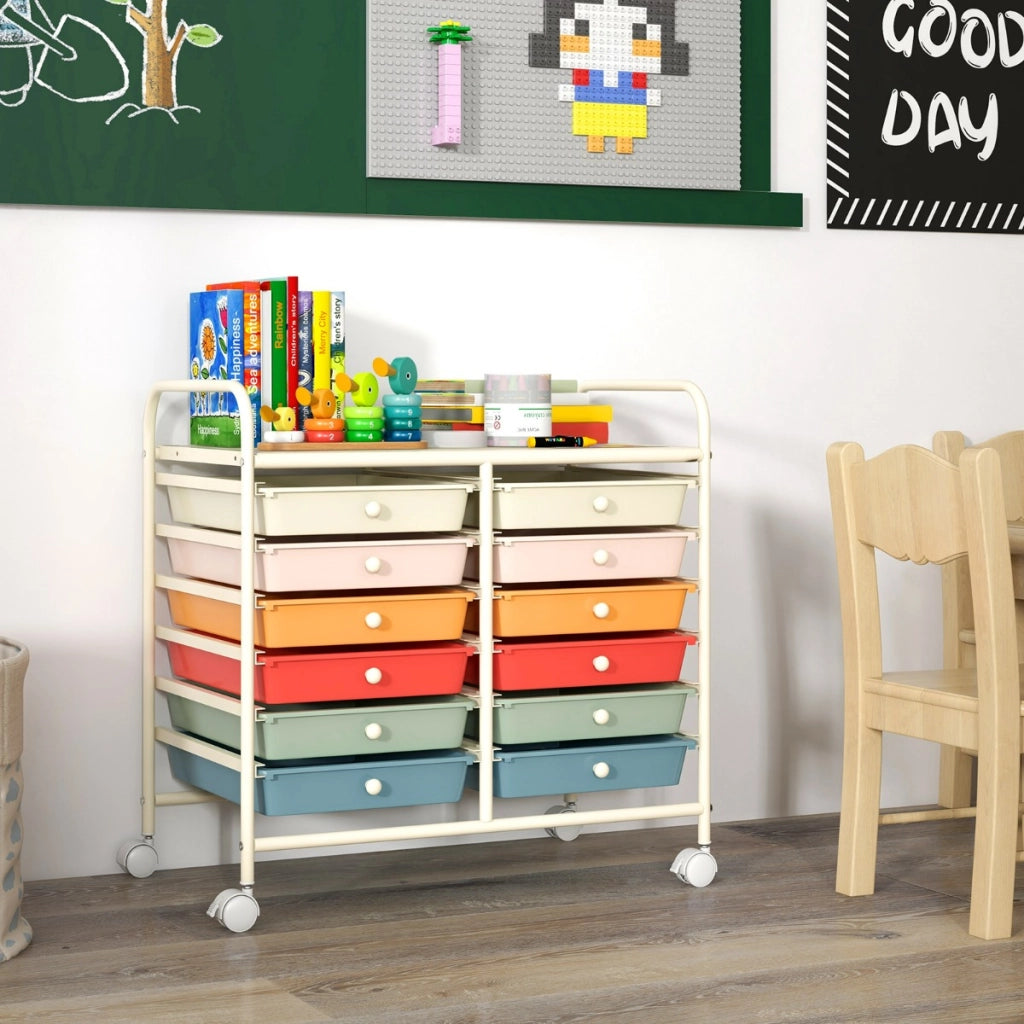 Carrello portaoggetti con 12 cassetti e ampio piano di lavoro, Cassettiera con 4 ruote per soggiorno e cucina Macaron-Carrelli