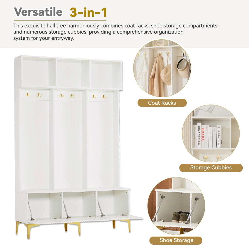 Mobile da ingresso con panca, 6 ganci e vani aperti, ante scanalate, per ingresso, bianco, 120 × 40 × 191 cm