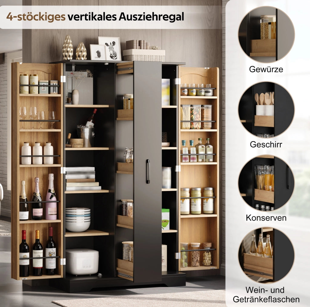 Mobile dispensa da cucina con 2 ante; ripiani regolabili e vano estraibile a 4 livelli; 150 x 78 x 40 cm; nero