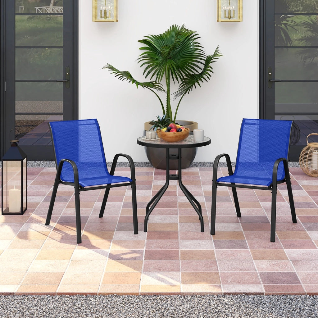 Set bistrot da esterno 3 pezzi, Tavolino rotondo con 2 sedie impilabili piano tavolo in vetro temperato Blu-Set mobili da esterno