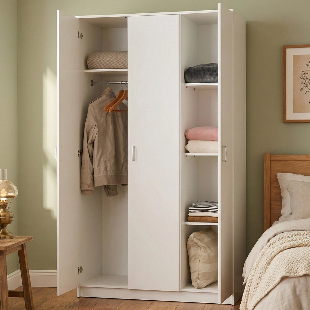 Armadio Camera da Letto Licodia, Guardaroba 3 Ante Appendiabiti, 120x52 cm Bianco