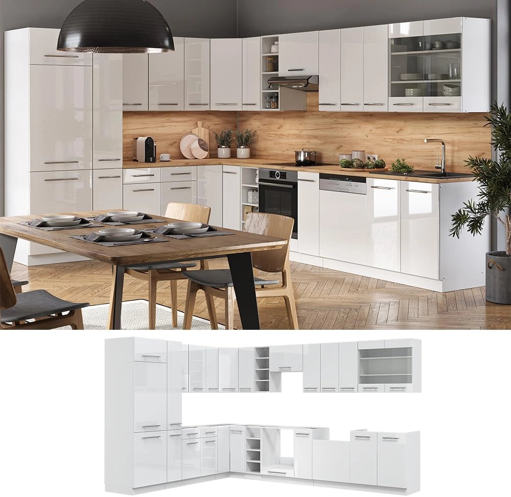 Cucina angolare completa Fame-Line, Bianco lucido/bianco, 347 x 60 cm, PL Antracite, adatto per una progettazione flessibile della cucina ed espansione modulare