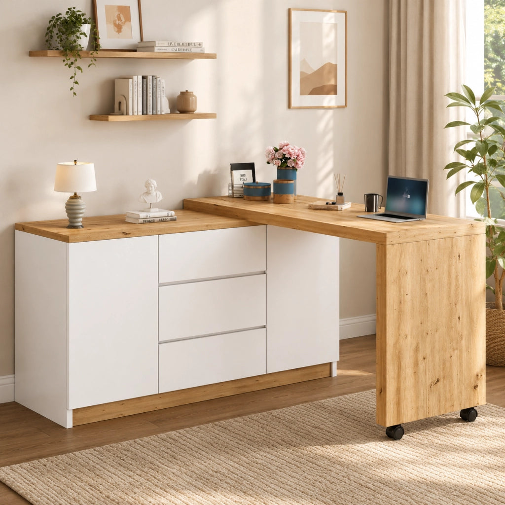 Scrivania 120x50x76.5 cm girevole e pieghevole con contenitore in pannello truciolare bianco e rovere