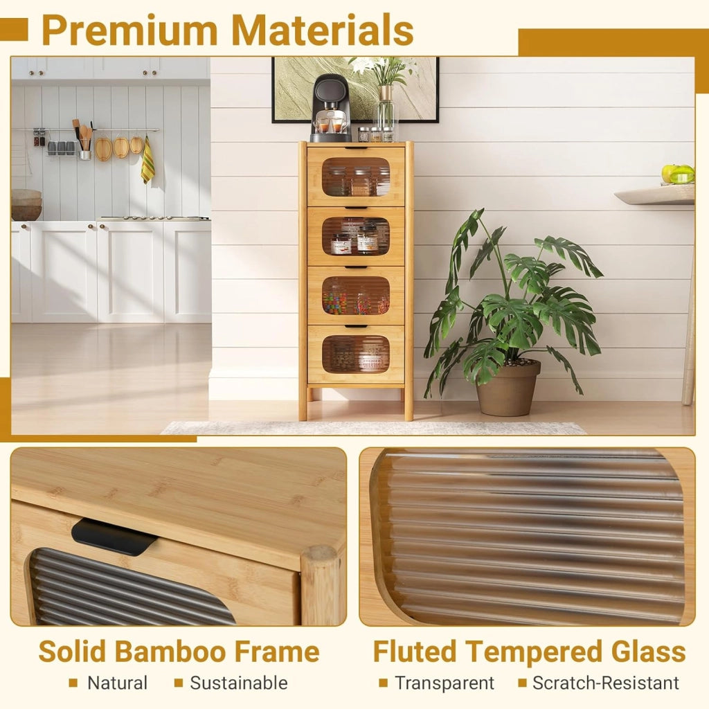 Cassettiera a 4 Cassetti 97 CM con Cassetti in Vetro Temperato Design Antiribaltamento Comodino a 4 Livelli Autoportante per Camera, Soggiorno, Ingresso, Naturale