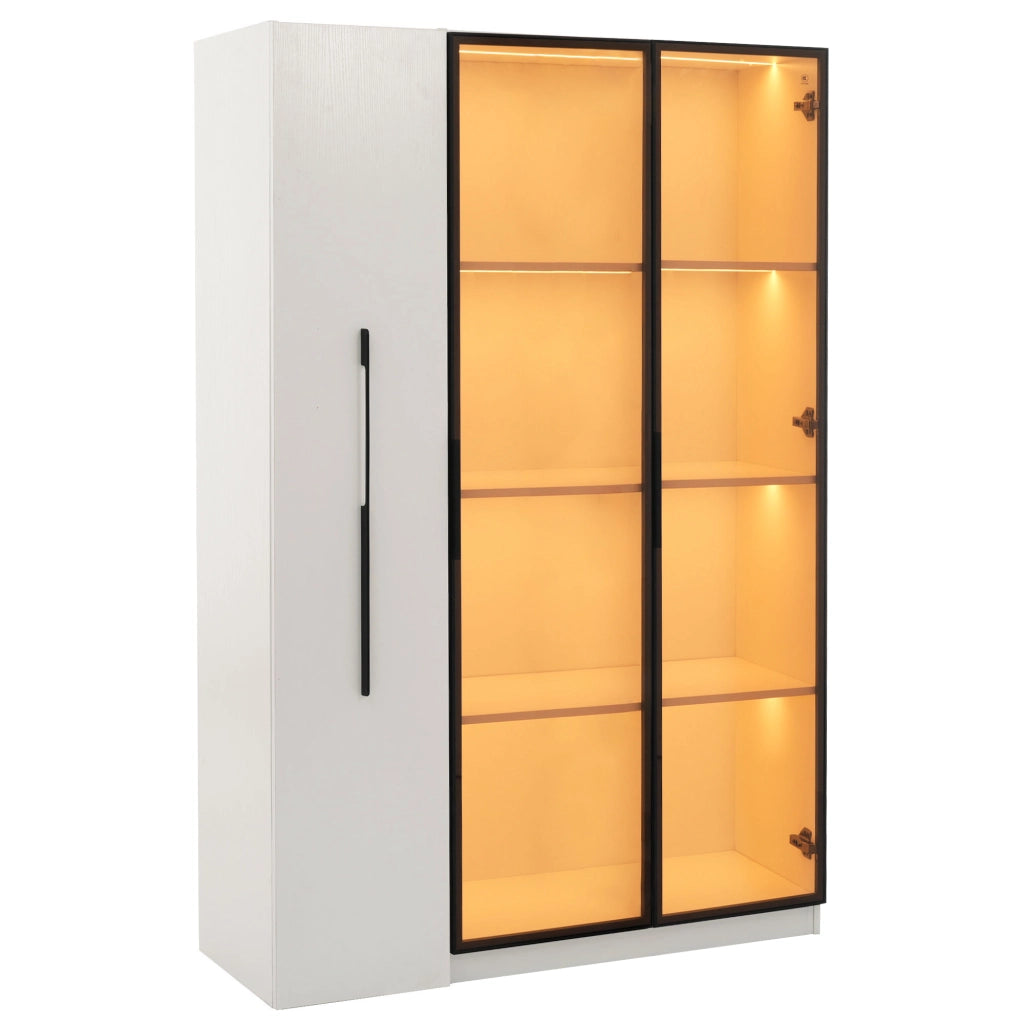 Vetrina LED in MDF 110,5x35x160 cm con anta in vetro colorato e vano laterale estraibile, bianca