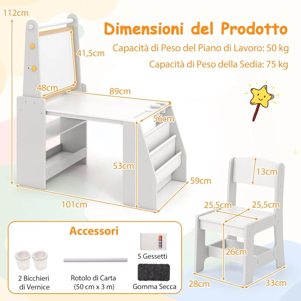 Set 3 in 1 Tavolo e Sedia per Bambini 3+ Anni, Tavolo in Legno Sicuro con Lavagna, Sedia, Lavagna Bianca, Rotolo di Carta, 2 Ripiani Aperti e Libreria a 2 Ripiani, Ideale per Disegno (Grigio)