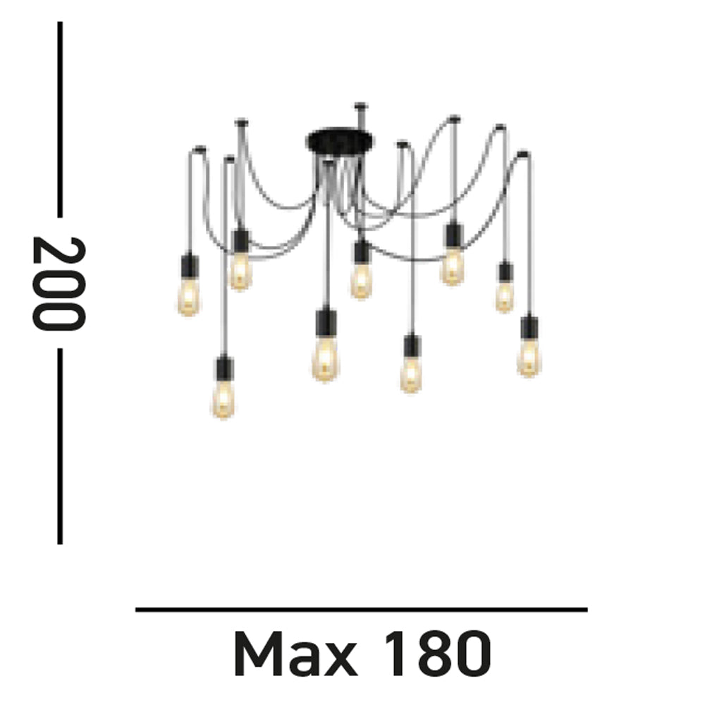Lampadario Industrial-Nordico Squiggle Acciaio Nero 9 Luci E27
