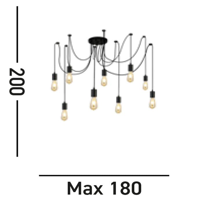 Lampadario Industrial-Nordico Squiggle Acciaio Nero 9 Luci E27
